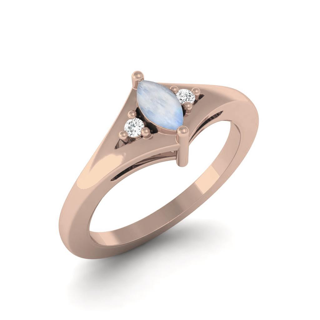 925 Sterling Silver Rose Vermeil 0.29 Cts Marquise Shape Moonstone Three Stone Wedding Women Ring