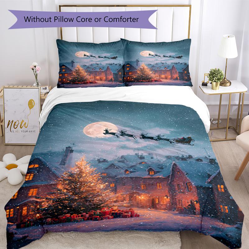 3pcs Christmas Santa Claus Bedding Set Duvet Cover Closure Includes 1 Duvet Cover & 2 Pillowcases, Soft and Comfortable for All Seasons.