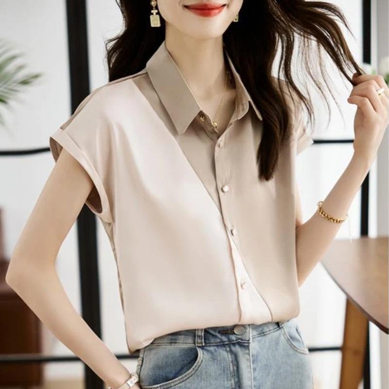 New Summer Women's Fashionable Slim Short-sleeved Lapel Contrast Satin Shirt