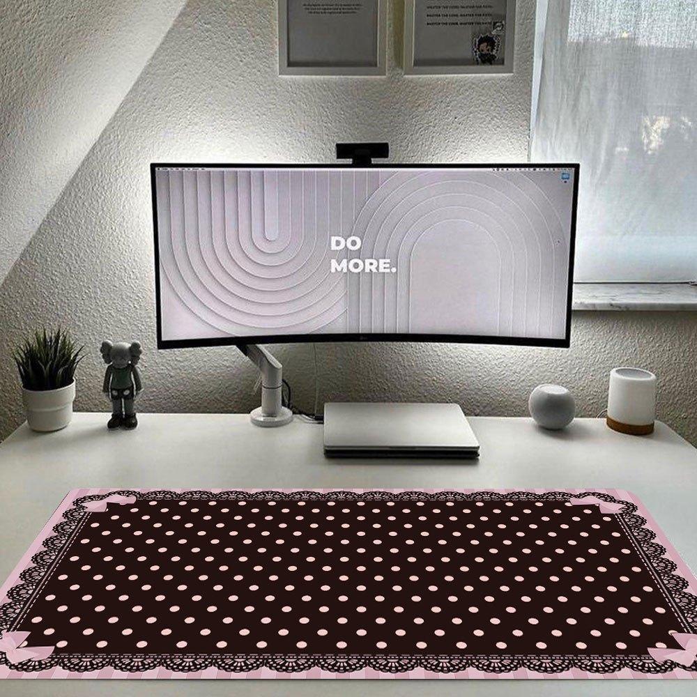 Pink Black Lace Polka Dot Large Gaming Mouse Pad XXL Extended Desk Mat Coquette Decor