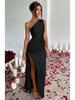 Sexy One-shoulder Pleated Slit-front Short-sleeved Satin Dress with A Summery Elegant Vibe