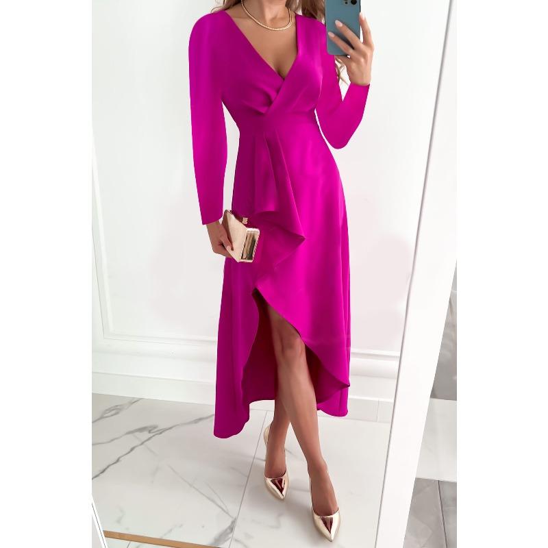 women's Solid Color Satin Wrap V Neck Long Sleeve Ruched High Slit Irregular Hem Maxi Dress Party Evening Dress