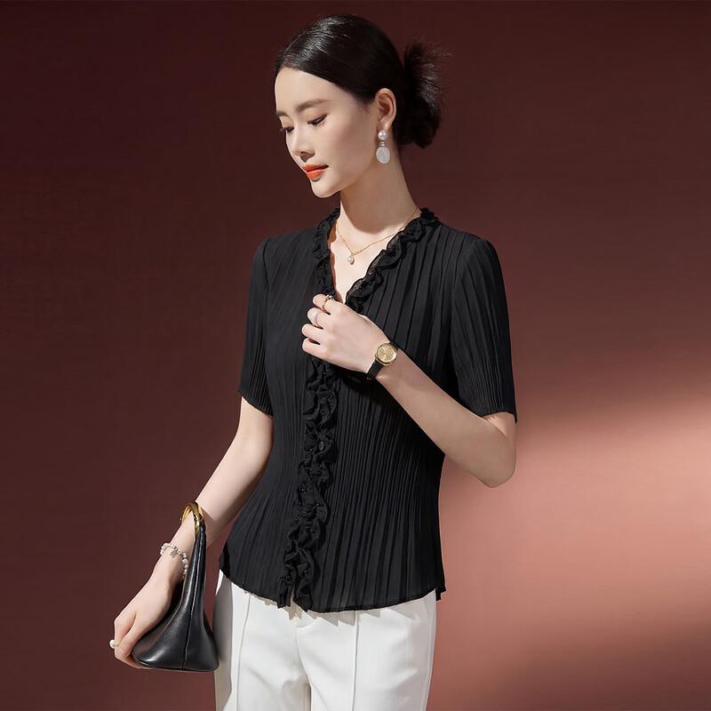 Women s Pleated V-Neck Short Sleeve Blouse M