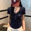 Summer New Navy Blue V-neck Front Shoulder Nail Buckle Slim and Thin Short-sleeved T-shirt Women's Design Versatile Top