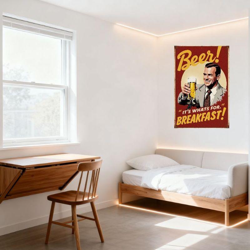 Vintage Style Beer Breakfast Metal Tin Sign, Red Background Beige Circle, Retro Yellow Text 'Beer!' & 'IT’S WHATS FOR BREAKFAST!