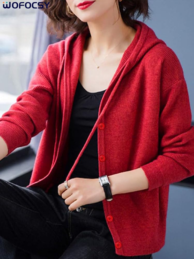 WOFOSY Hooded Knit Long Winter Outerwear for SY179 Women's Cardigan, Sleeve, Warmth, Fall/Winter, (Red)
