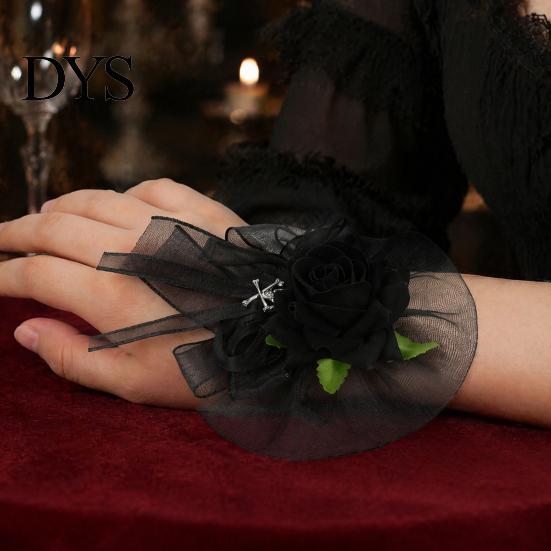 Artificial Rose Hand Flower Black Burgundy Tulle Mesh Corsage for Bridal Groom, Gothic Aesthetic Wristwear Women Boutonniere Wedding, Prom,