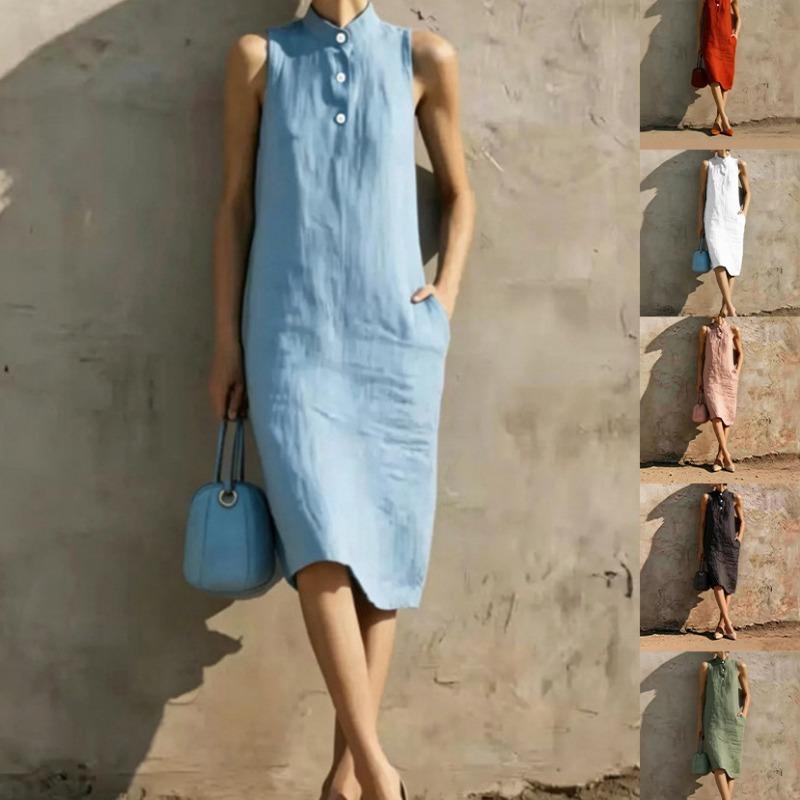 Women S Loose Sleeveless Solid Color Beach Midi Dress