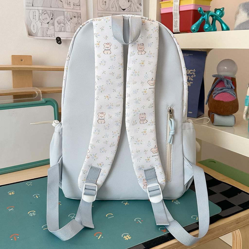 Schoolbag milky white fresh floral cute bear patchwork student backpack for students and healing style gentle bestie travel mini backpack