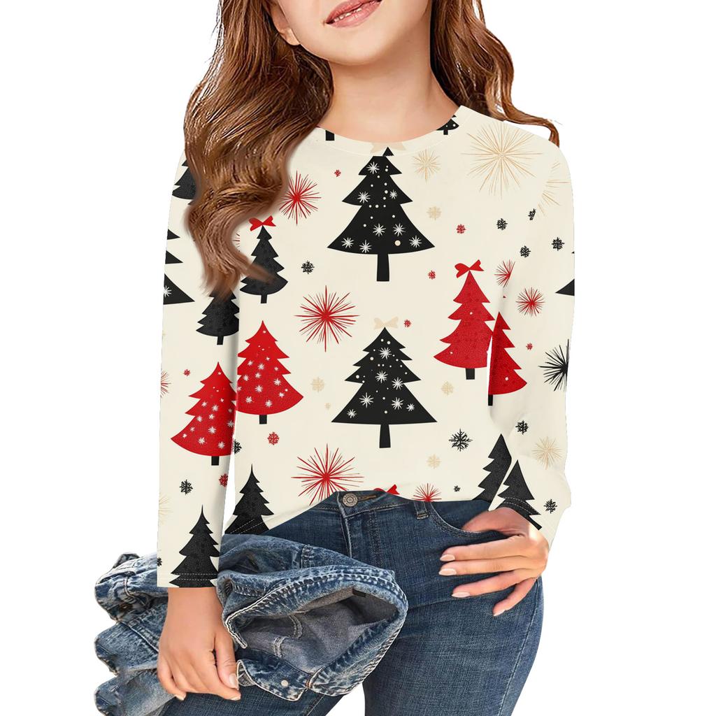 Christmas Day Girls Long Sleeve T Shirts Kids Fall Tops Crewneck Printed Basic Tees