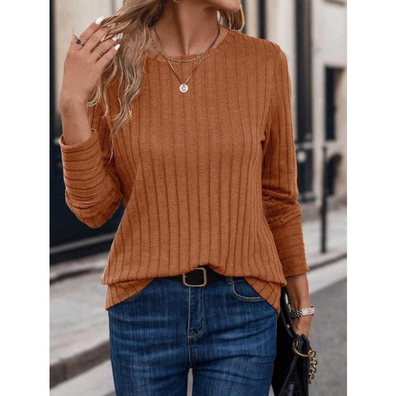 Solid Color Comfortable Round Neck Pit Stripe T-shirts for Spring and Autumn Casual Long Sleeves Women's T-shirts