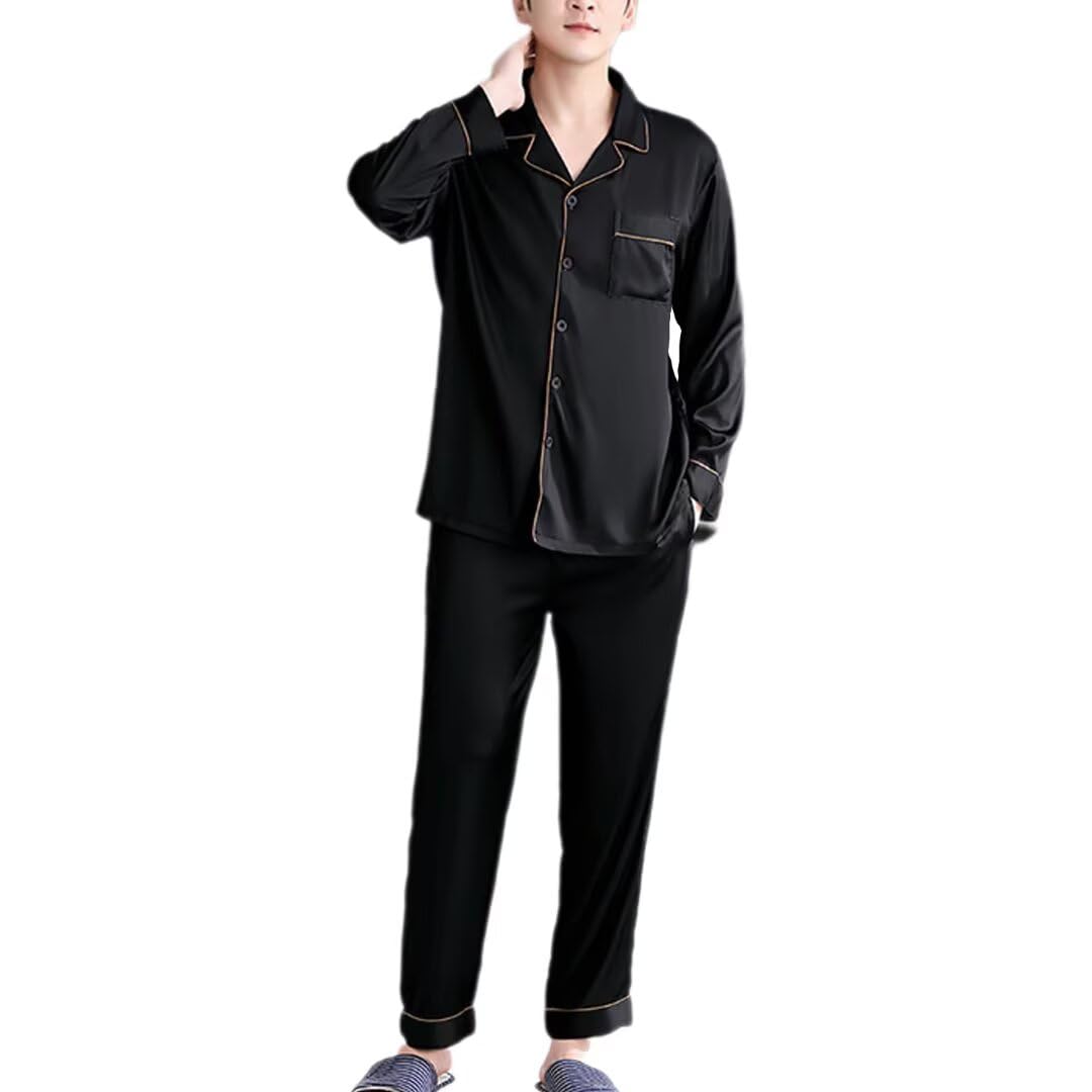 

Комплект пижамы с длинным рукавом Yucahype для и атласный открытый для мужчин и больничный верх и низ черный весна, осень, лето, ткань, похожая на шелк, спереди,