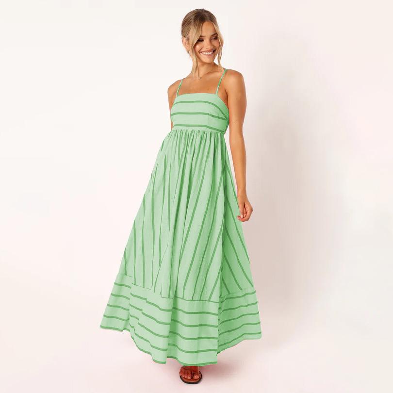 Women Spring Sleeveless Striped Slim Suspender Camisole Dress Summer Casual Ankle-Length Backless High Waist Loose Dresses S-XL