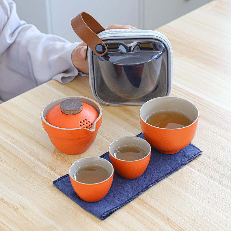 Travel tea set, Kuaike cup, one pot, three cups, portable cover bowl, small set, outdoor kung fu set, tea gift box.