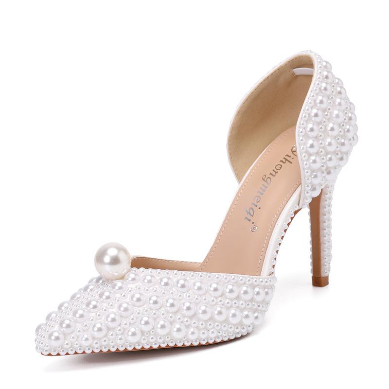Fashion New Handmade Full Pearls Rhinestones Wedding Women Pumps Elegant Pointed Toe Bridal Thin High Heels Fashion Party Prom Shoes