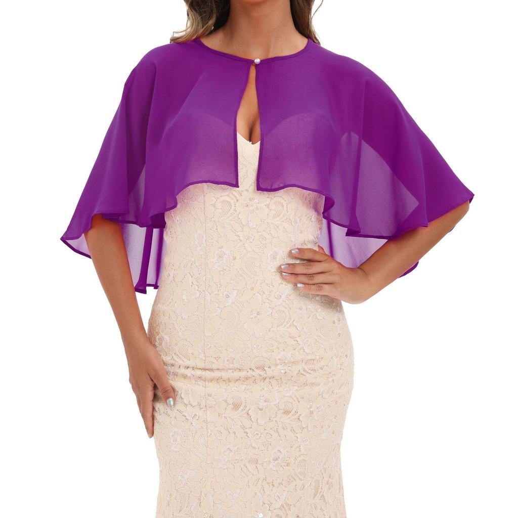 Round Neck Pearl Button Chiffon Shawl - All-Season European and American Style