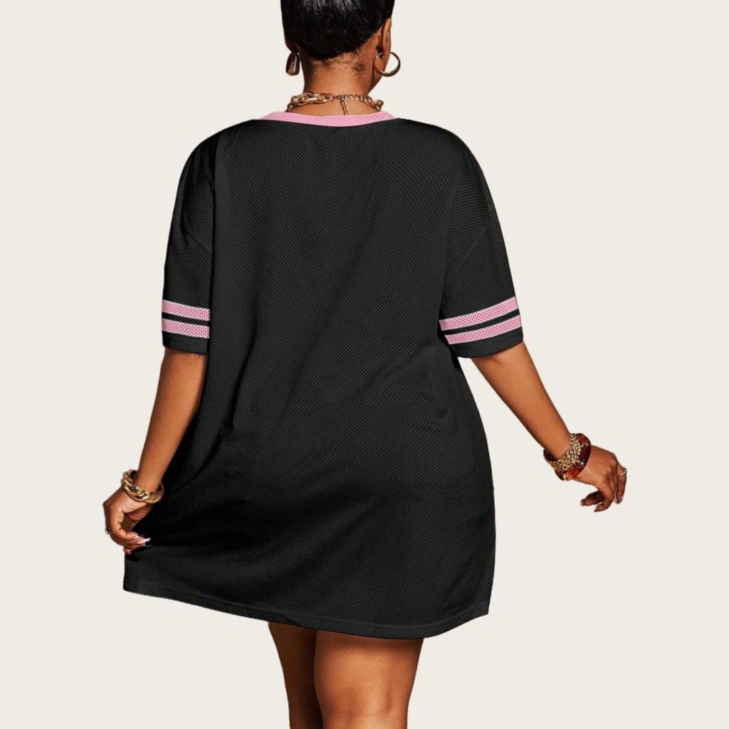 Women's Loose V-Neck Sporty Mesh T-Shirt with Digital Print