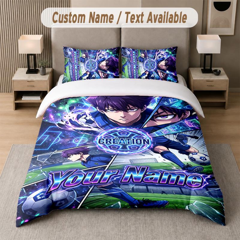 Blue Lock 3Pcs Bedding Set, Personalized Custom Name Text, 1 Duvet Cover & 2 Pillowcases For Bedroom