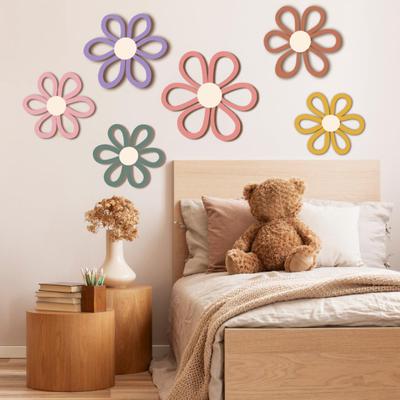 6Pcs/Set Bohemia Flower Wall Hanging Ornament Decoration Farmhouse Rustic Wooden Floral Wall Art Home Office Living Room Bedroom Wall Decoration