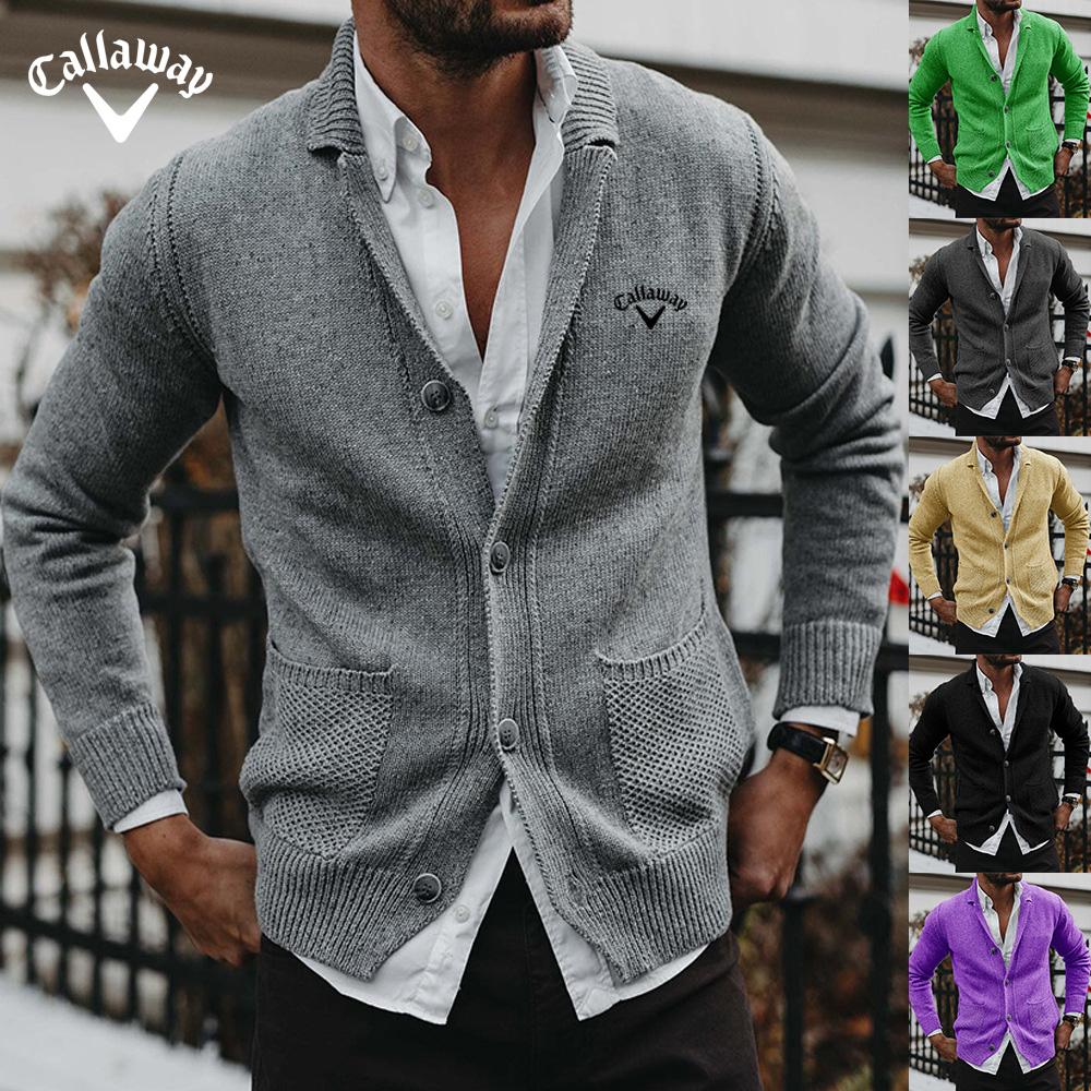 

Callaway Sweater Cardigan 2024 Autumn Winter New Item Solid Color V-neck Long Sleeved Pocket Knitted Sweater Jacket Men s Clothing M