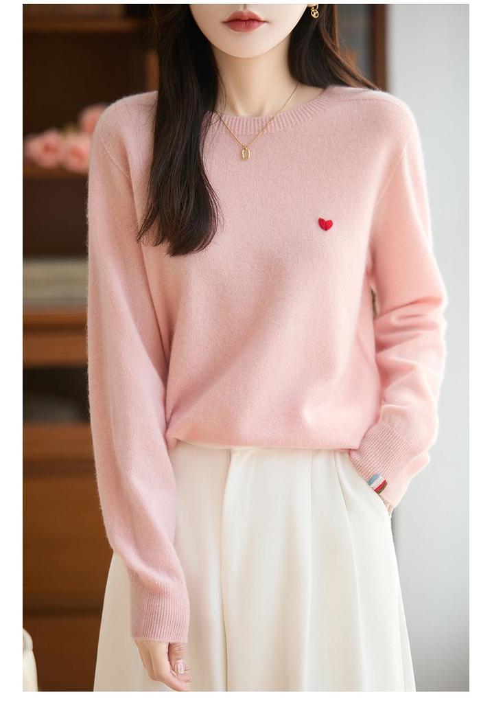 Heart Embroidery Pure Wool Round Neck Pullover Sweater - Autumn/Winter Collection