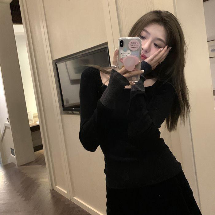 

Вязаный свитер с квадратным вырезом для женщин на осень и зиму, стильный базовый слой с цветными блоками и высококачественный свитер One size чёрный