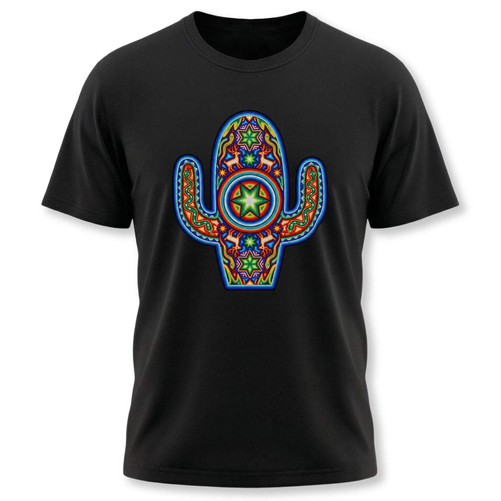 Huichol Cactus T-Shirt | Colorful Mexican Folk Art Saguaro Graphic Tee | Cactus M