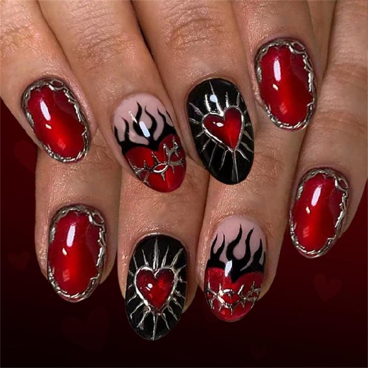 

24Piece Valentines Gold Foils False Nail 3D Cats Eye Flame Effect Red Heart Accents ABS Matte Nail Art Set 1