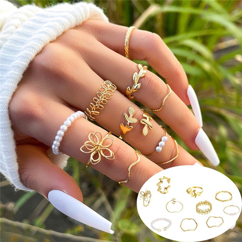 10Pcs Imitation Pearl Leaf Flower Rings Set For Women Rhinestone Butterfly Finger Ring Metal Knuckle Finger Ring Jewelry
