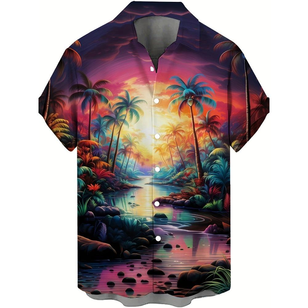 Men's Hawaiian Shirts Summer Casual Hawaiian Palm Tree Landscape Print Button Lapel Short Sleeve Shirts Men's Short Sleeve Shirt