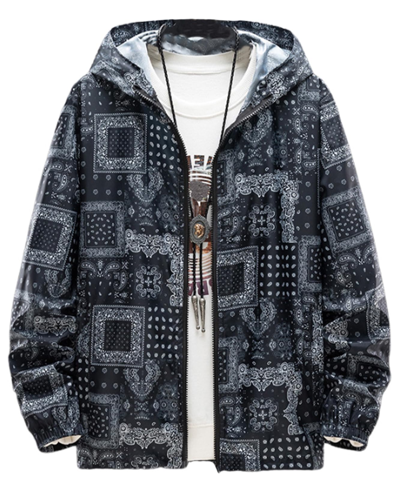 

All Over English Mountain Sheer Hooded Black Loose American Casual Anorak Big Dry Work Zip Black Black Paisley [Doors] Men s Windbreaker, Pattern,