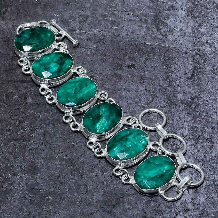 Emerald(Simulated) Gemstone Handmade 925 Sterling Silver Bracelet 7-8" y1O85