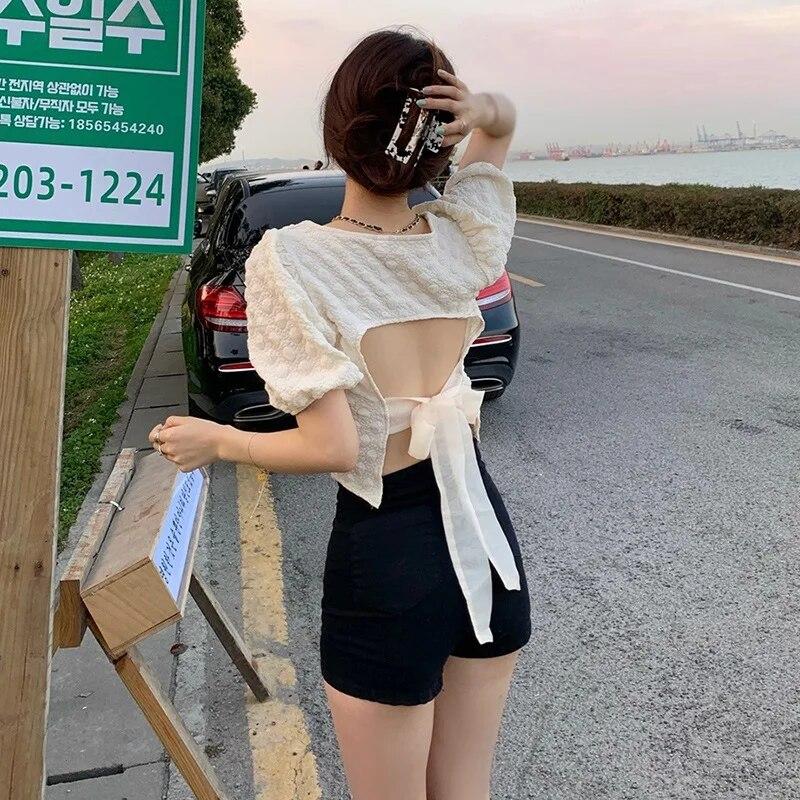 

Female Backless Tie Bow Sweet Shirt Short Tops Solid Color