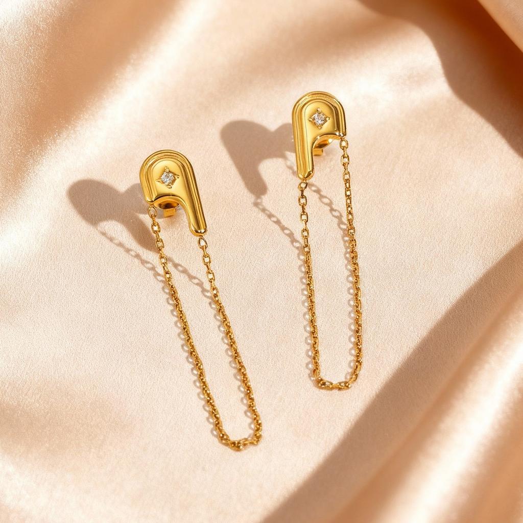 Brincos de Corrente Longa com Pingente em Forma de Alfinete Dourado Chique para Mulheres, Brincos Pendentes com Franjas em Aço Inoxidável, Joias Modernas para Uso Diário