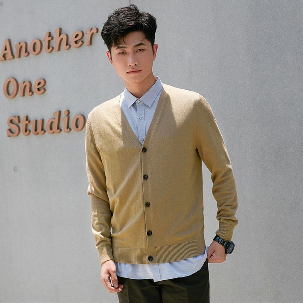 Men 100% Cotton V Neck Knit Cardigan, Slim Fit Long Sleeve Korean Style Casual Sweater Jacket for Autumn Winter