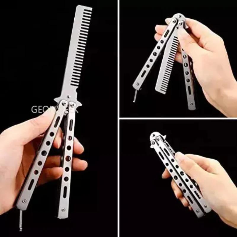 Foldable Comb Stainless Steel Practice Training Butterfly Knife Comb Beard Moustache Brushe Salon Hairdressing Styling Tool