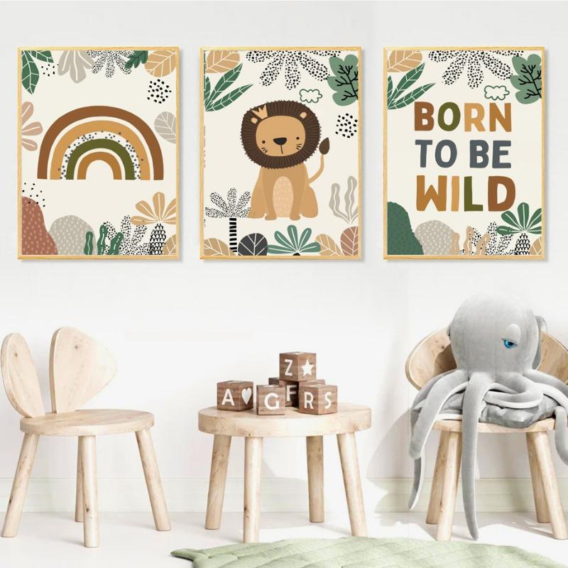 Löwe Giraffe Elefant Affe Regenbogen Blatt Wandkunst Leinwandmalerei Dschungeltier Poster und Drucke Bilder Baby Kinderzimmer Dekor