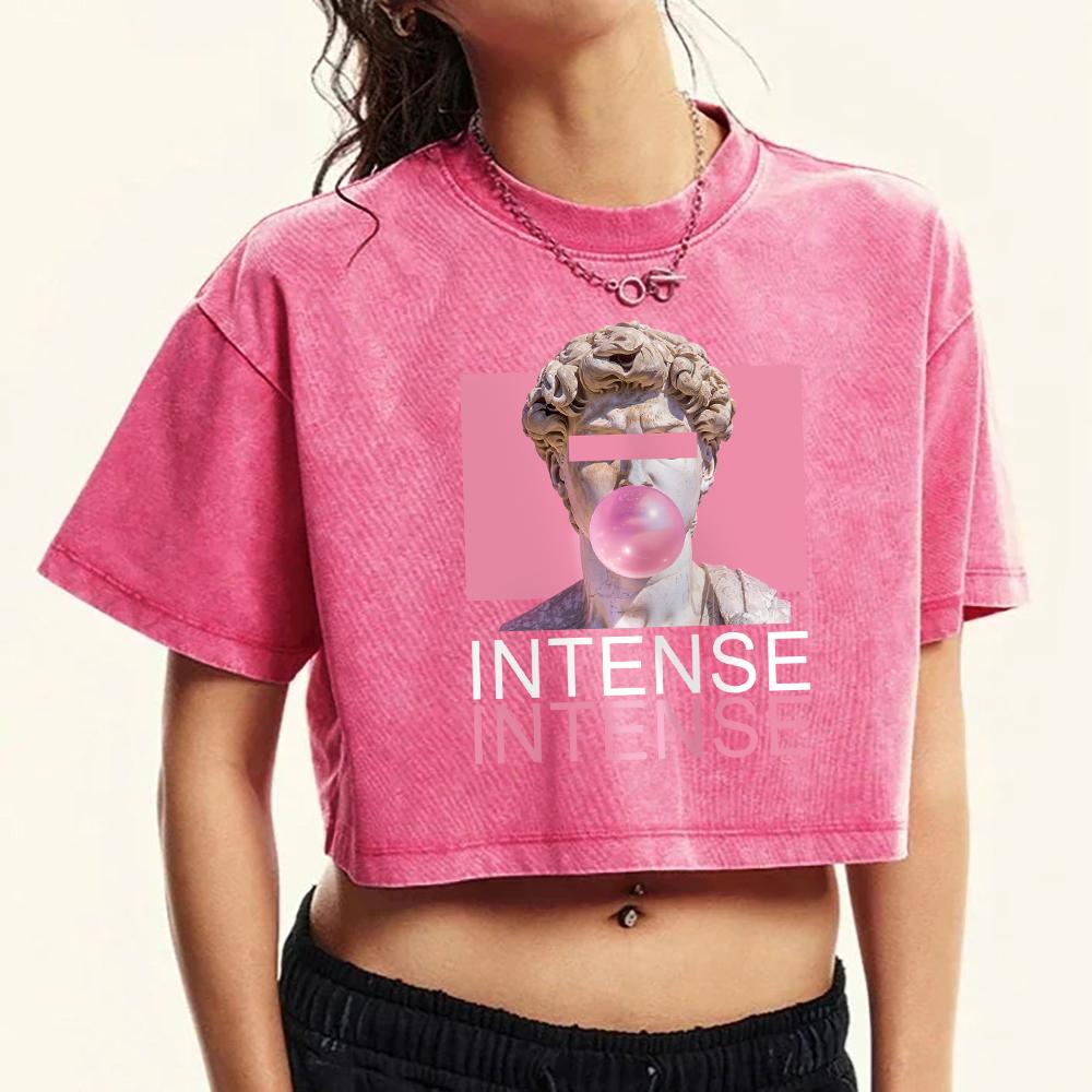Sculpture Blowing Bubbles Prints Female Washed Crop T Shirts Summer Cotton Short Sleeve Fitness Clothes Street T-Shirt