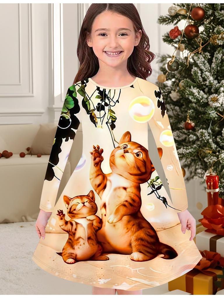 Kız Çocuk Sonbahar ve Kış Moda Elbise, 3D Kedi Baskılı Yuvarlak Yaka Uzun Çocuk Tişört Elbise, Günlük Çok Yönlü, Noel Giysileri
