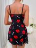 High-end European and American New Sexy Suspender Twisted Edge Short Skirt Lipstick Lips Cartoon Printing Women's Homewear Nightdress