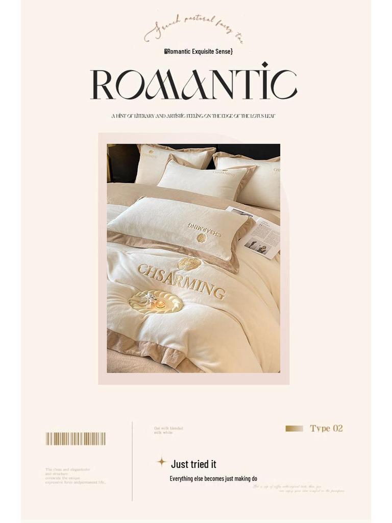 Matte Velvet 4-Piece Set: Non-Static, Solid Color, Wide-Edge Embroidery, Autumn/Winter Plus Velvet Fitted Sheet.