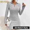 Women's Fashion Spring Autumn Solid Color Print V-Neck Long Sleeve Casual Dresses