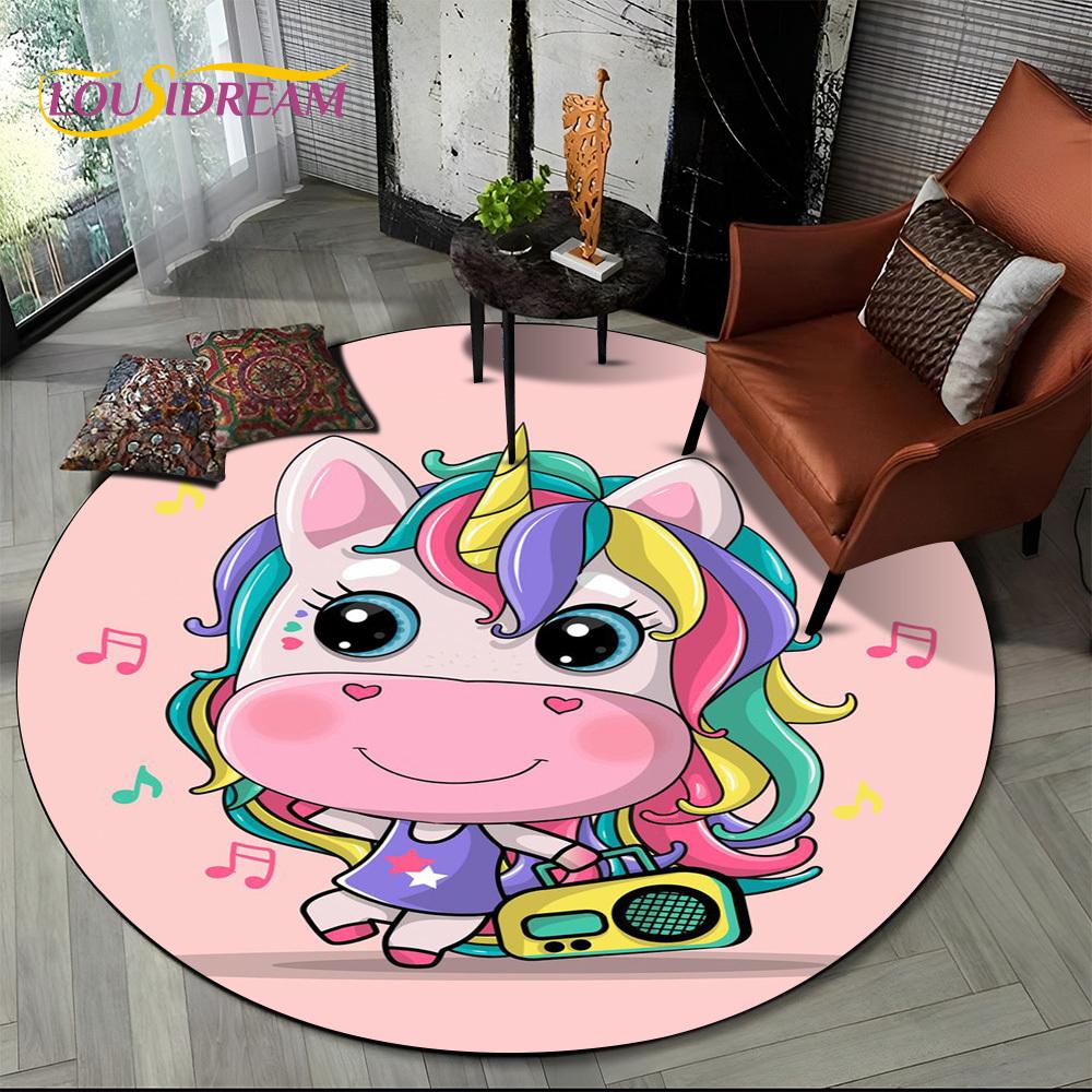 3D Cute Unicorn Cartoon Girl Gift Round Carpet Rug for Living Room Bedroom Child Playroom Decor,Pet Area Rug Non-slip Floor Mat