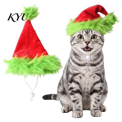 Adjustable Dog Cat Hat Christmas Pet Hat, Plush with Fuzzy Green Trim, Santa Photo Prop Elastic Band for Cats Dogs Festive Costume Accessory