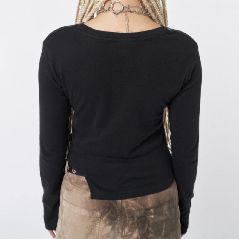 Y2K Retro Damen T-Shirt mit freiliegendem Nabel, Harajuku, abstrakt bedruckt, langärmelig, Gothic, personalisiertes unregelmäßiges Oberteil