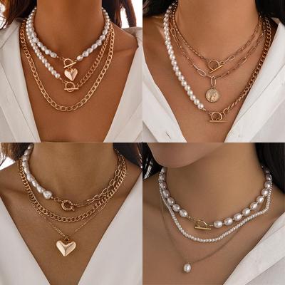 Elegant Multi-Layer Imitation Pearl Necklace with Large Beads and Alloy Water Drop Charm
