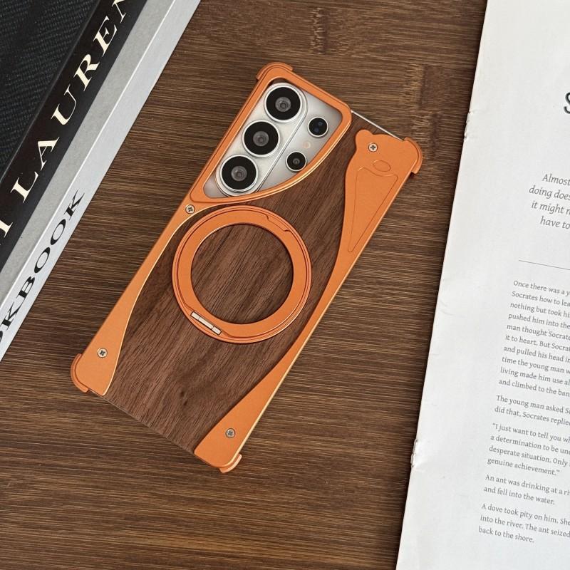 Walnut Wood Metal Frameless Magnetic Stand Case S26 Ultra S25 S24 S23