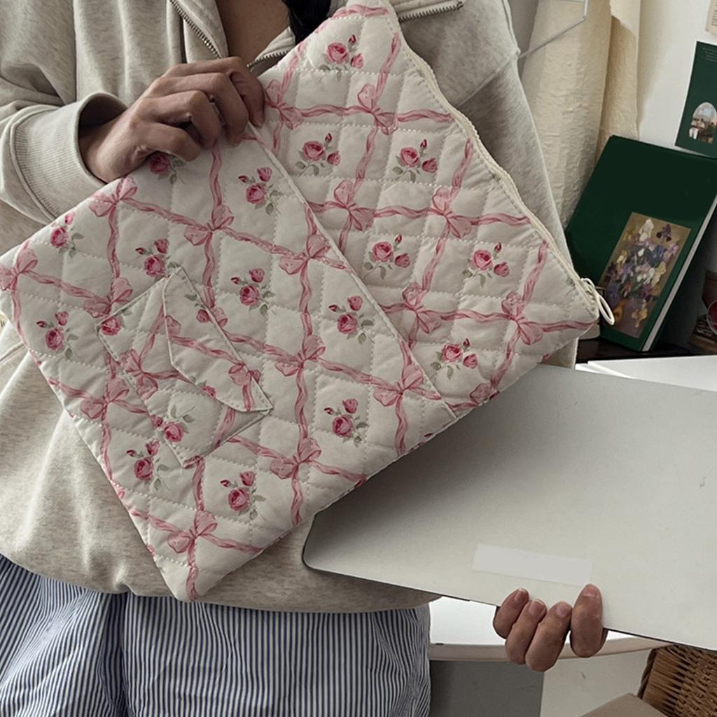 Flower Printed Computer Sleeve Bag Puffy Laptop Carrying Case Tablet Protective Cover Cute Clutch Purse for 11-15 Inch Laptop