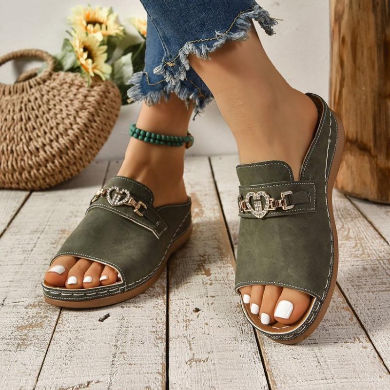 Women's Wedge Peep Toe Sandals, Metal Buckle Platform Beach Slides, Plus Size Summer Casual Shoes