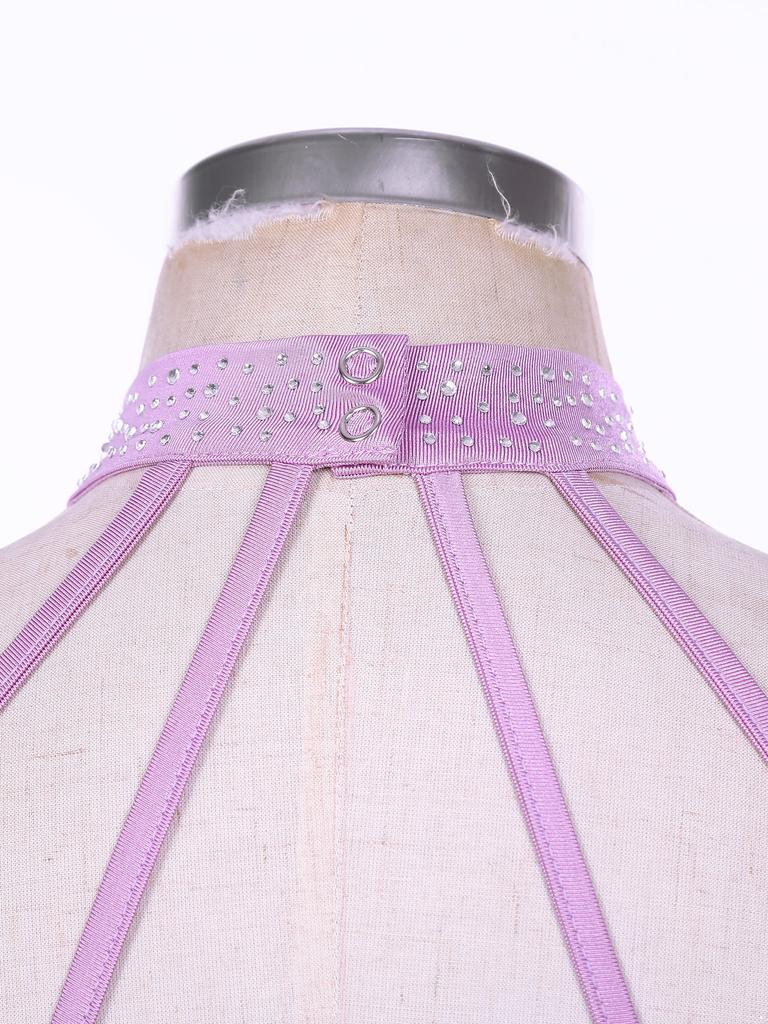 Damen Performance Turnanzug Kleid Neckholder Träger Rücken Asymmetrischer Saum Glänzende Strasssteine Bühnen Wettbewerbskostüm